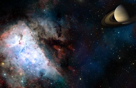 Space cosmic landscape of planet nebula and stars field with copyspaceの写真素材