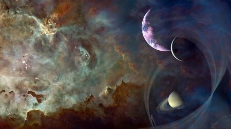 Pink planet with satellite in deep space fantasy cosmic background. 3D Illustration.
