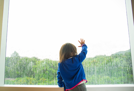 Little girl looking out of the window with green forest view.の写真素材