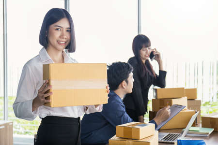 Start up small business entrepreneur SME or freelance woman working with box, Young Asian small...
