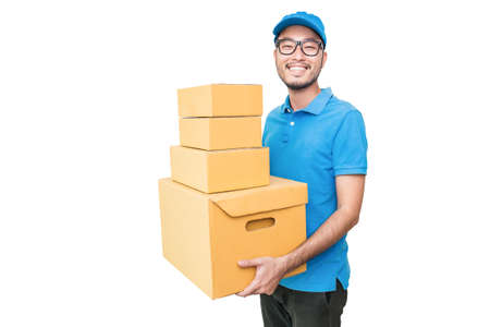 Portrait of happy delivery asian man hands holding cardboard box isolated on white background, young...