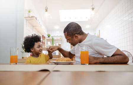 Portrait of happy African american father and son hands fist bump during breakfast time at dining table. Single dad family love lifestyle, fatherâs day conceptの写真素材