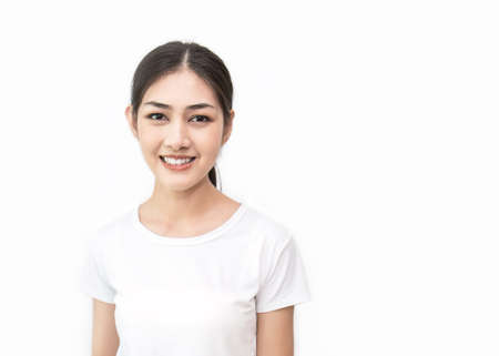 Close up beautiful asian teen girl half length portrait isolated on white background