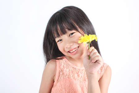 Portrait of little cute asian girl with her hands holding yellow flower isolated on white background. Nature fresh spring concept.の写真素材