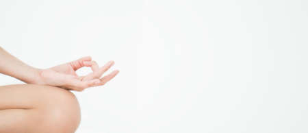 Hand yoga gesture isolated on white background (yoga, indian, meditation) Healthcare relax sport peaceful concept bannerの写真素材