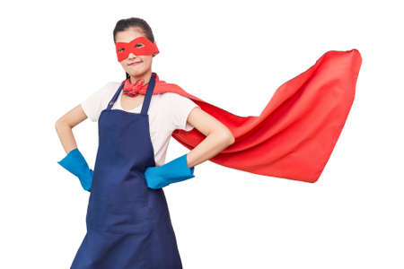 Portrait of young asian cleaning super hero housewife isolated on white background. Household strong woman professional cleaning business service conceptの写真素材