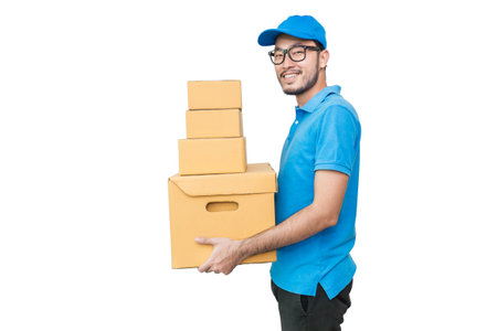 Portrait of happy delivery asian man hands holding cardboard box isolated on white background, happy young asian man carry brown box delivery service e-commerce telemarketing warehouse conceptの写真素材