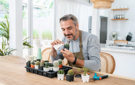 Portrait of happy sme owner senior caucasian man working gardening cactus succulent. Hobby or...
