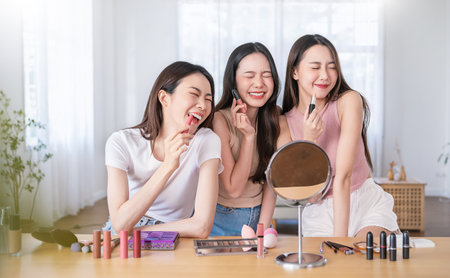 Portrait of young beautiful asian group friends girl in morning makeup routine. Beauty blogger woman, perfect glow skin dress up lipstick. Health care woman, together lifestyle cosmetic bloggerの写真素材