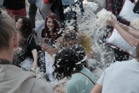 International Pillow Fight Day 2017 in Bucharest, Romania. April 1st in cities around the World.のeditorial素材