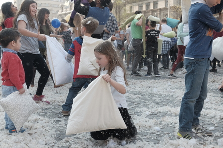 International Pillow Fight Day 2017 in Bucharest, Romania. April 1st in cities around the World.のeditorial素材