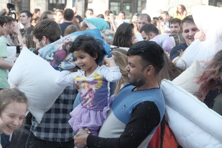 International Pillow Fight Day 2017 in Bucharest, Romania. April 1st in cities around the World.のeditorial素材