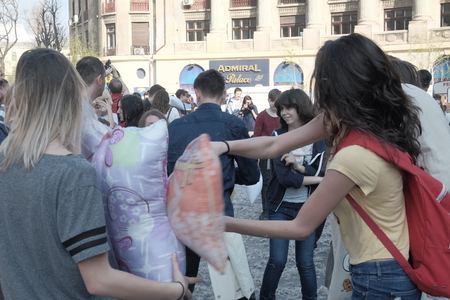 International Pillow Fight Day 2017 in Bucharest, Romania. April 1st in cities around the World.