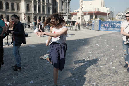 International Pillow Fight Day 2017 in Bucharest, Romania. April 1st in cities around the World.のeditorial素材