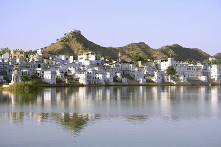ghats on pushkar lake, rajasthan, india