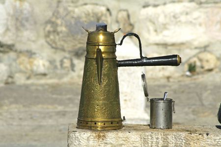 coffee pot and sugar bol on wall, bethlehem, west bank, palestine, israelの写真素材