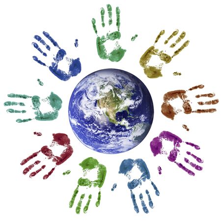 Multi-coloured hands joined around the worldの写真素材