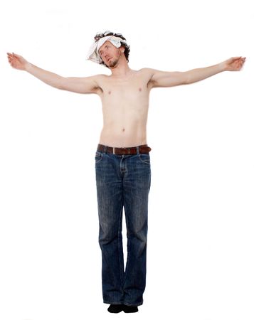 Blue jean jesus crucified on white backgroundの写真素材