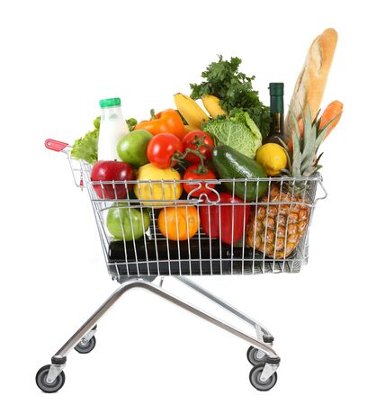 metal shopping trolley isolated on white backgroundの写真素材