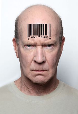 Angry consumer with a bar code on his foreheadの写真素材