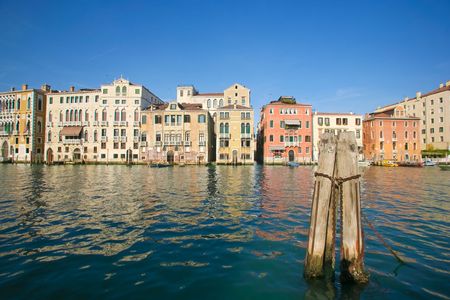View of Venetian townhouses from across the water, venice, italyの写真素材
