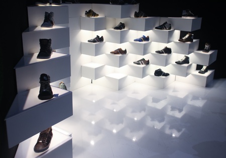 BERLIN - JANUARY 19:  Shoe display at Bread & Butter fair on January 19, 2011 in Berlin, Germany. Tens of thousands of visitors attended the tradeshow this year.のeditorial素材