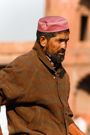 DELHI  - February 11: Bearded middle aged muslim wearing Taqiyah at Jama Masjid on February 11, 2008 in Delhi, India. This mosque is the largest and most frequented in India.のeditorial素材