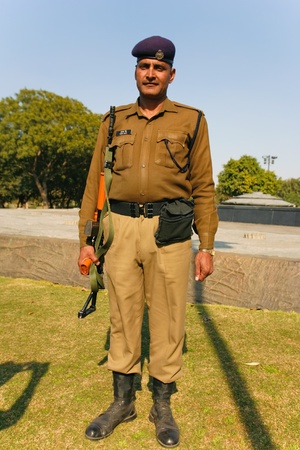DELHI - FEBRUARY 12: Soldier guarding Raj Ghat, where Gandhi was cremated on February 12, 2008 in...