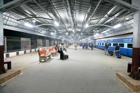 DELHI  FEBRUARY 19: Travellers by train on the platform of train station on February 19, 2008 in...