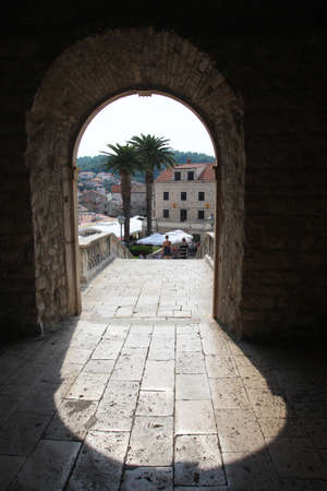 Entrance door to the old town of Korcula, Croatiaのeditorial素材