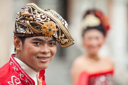 BALI - JANUARY 29. Performers enacting wedding scene in preparation for religious ceremony on...
