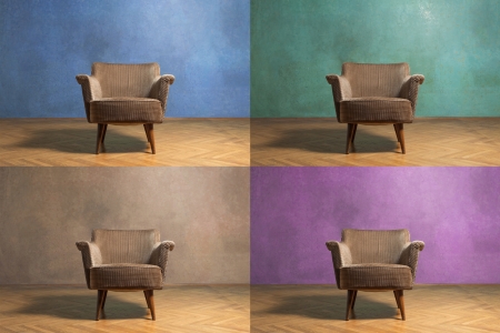 Old chair in grunge room with blue wallの写真素材