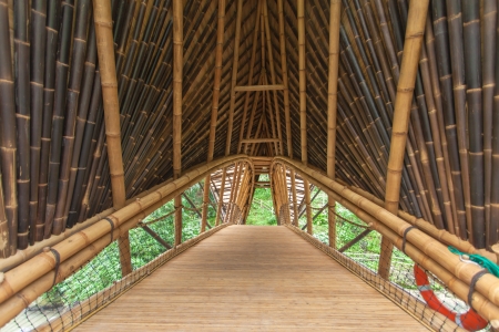 BALI, INDONESIA - FEBRUARY 2012: Bamboo bridge at Green School on Februray 27, 2012 in Bali, Indonesia. This bamboo bridge is one of a kind in the world.のeditorial素材