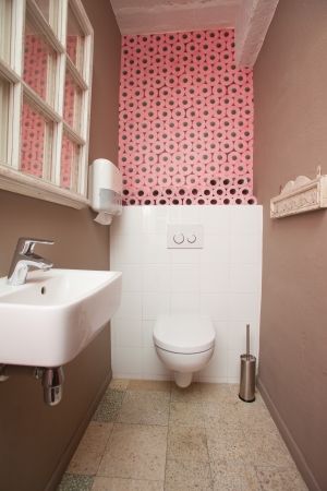 Small toilet room containing a toilet and a sink with pink toilet paper rolls decoration on the wallのeditorial素材