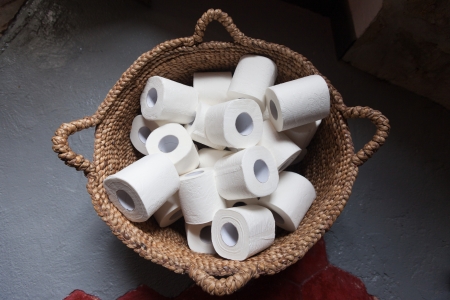 Toilet paper rolls in a basket. の写真素材
