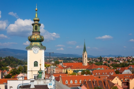 ZAGREB, CROATIA - OCT 2: Aerial view of Zagreb rooftops including Dolac market and the Church of St. Mary tower on October 2, 2013 in Zagreb, Croatia. Zagreb is a fast- growing top tourist destinationのeditorial素材