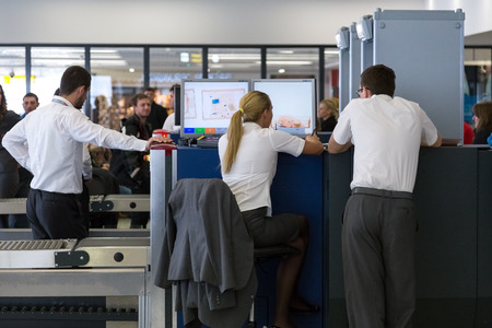 BELGRADE, SERBIA - FEBRUARY 18, 2014: Security control point at the Belgrade airport Nikola Tesla, the fastest growing major airport in Europe.のeditorial素材