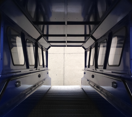 Symmetrical blue airplane ramp interiorの写真素材