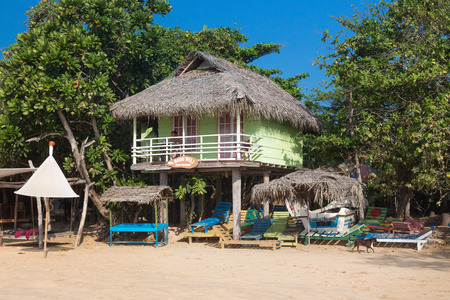 WELIGAMA, SRI LANKA - MARCH 8, 2014: Small Bungalow on beach. Weligama is  one of most popular Sri Lankan beaches.のeditorial素材