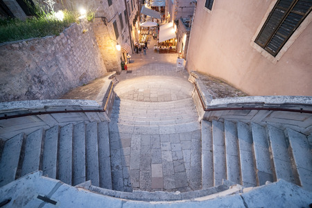 DUBROVNIK, CROATIA - MAY 26, 2014: Night shot of Jesuits staircase, the grand staircase that leads from Gundulic Square to the square in front of Collegium Ragusinum and St. Ignatius Church.のeditorial素材