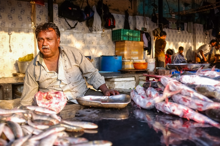MUMBAI, INDIA - 08 JANUARY 2015: Worker on a fishmarket posing while waiting for customers.のeditorial素材