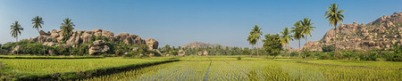 HAMPI, INDIA - 01 FEBRUARY 2015: View of Hampi's boulder strewn landscape with rice paddies and palm treesのeditorial素材