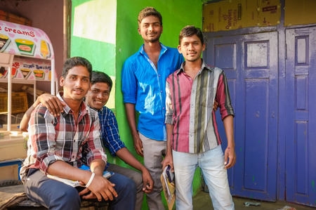 KAMALAPURAM, INDIA - 02 FABRUARY 2015: Indian young men in a town close to Hampi