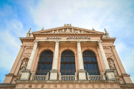 ZAGREB, CROATIA - 17 MARCH 2015: A close-up view of the main entrance to Glavni kolodvor (main train station).のeditorial素材