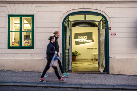 ZAGREB, CROATIA - 12 MARCH 2015: A view of the entrance to the Museum of Broken Relationships with tourists passing by.のeditorial素材