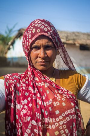 GODWAR REGION, INDIA - 13 FEBRUARY 2015: Rabari tribeswoman in sari decorated with traditional upper-arm bracelets. Rabari or Rewari are an Indian community from Gujarat.のeditorial素材