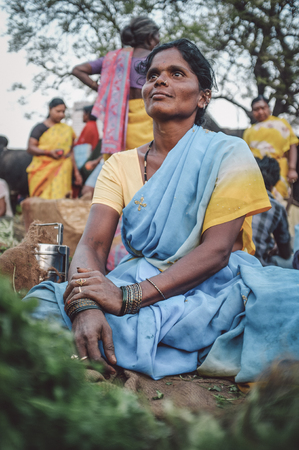 KAMALAPURAM, INDIA - 02 FABRUARY 2015: Indian woman sells vegatables on a market close to Hampi....
