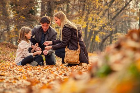 Cheerful family of three kneel on park ground covered with leaves on an autumn day.の写真素材