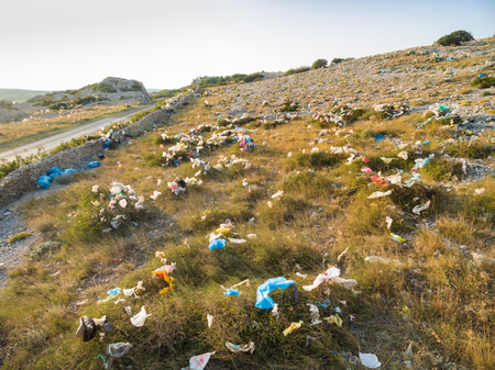 Plastic bags pollution on island of Pag, Croatia.のeditorial素材