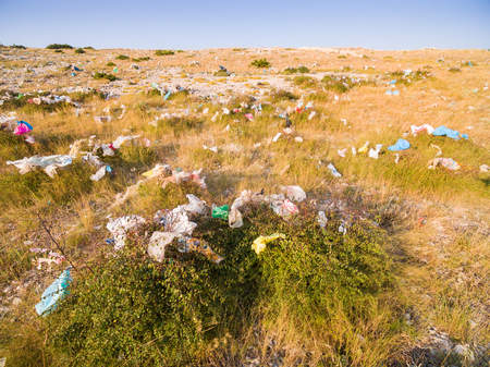 Plastic bags pollution on island of Pag, Croatia.のeditorial素材